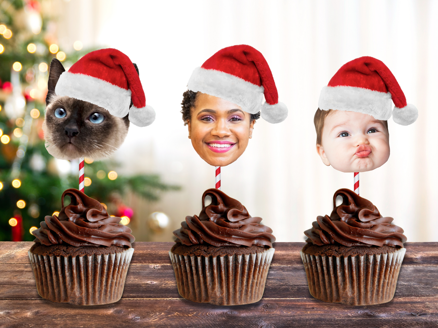 Custom Face Christmas Cupcake Toppers | Santa Hats
