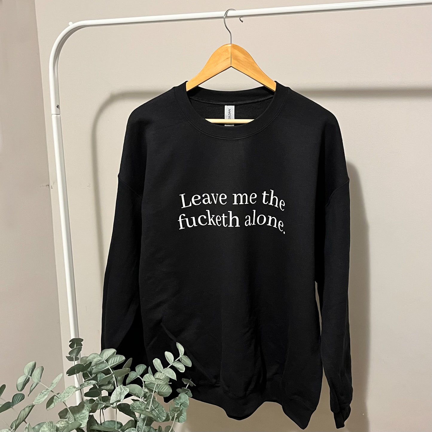 A black crewneck sweatshirt is hanging on a wooden hanger from a white garment rack. There is a eucalyptus plant on the bottom left hand corner, and the wall behind the shirt is beige. The black sweater has a funny saying on it in white writing: "Leave me the fucketh alone."