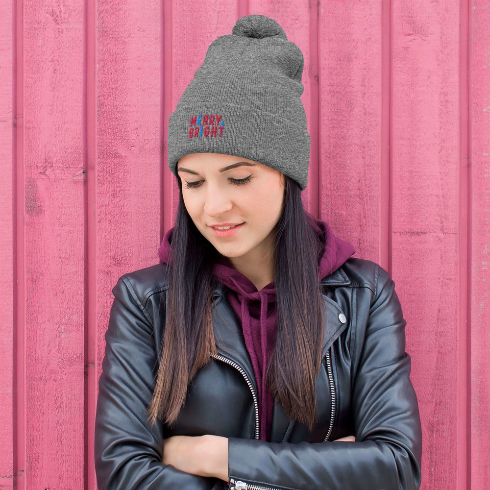 Merry and Bright Multi-Colour Embroidered Pom-Pom Beanie