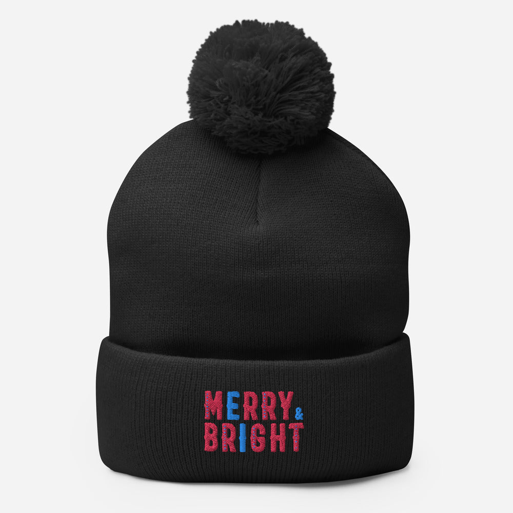 Merry and Bright Multi-Colour Embroidered Pom-Pom Beanie