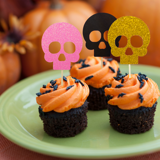 pink, gold, and black glitter skull cupcake toppers